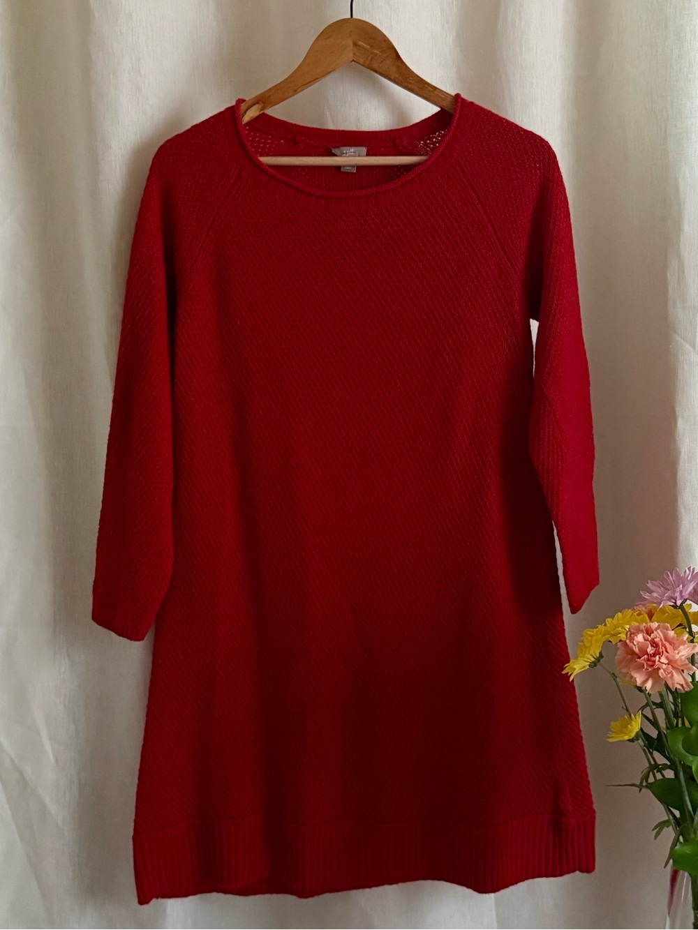 J Jill Wool Blend Waffle Knit Tunic Sweater Small Petite Berry Red A Line Long